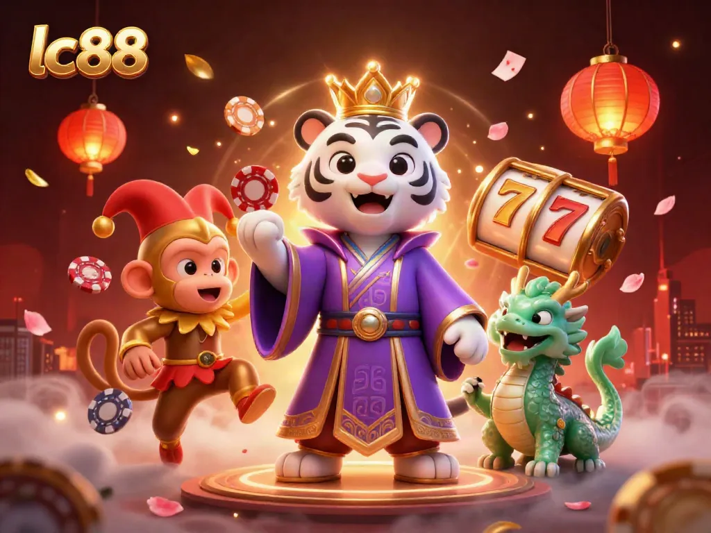 Engage with lc88's vibrant gaming atmosphere featuring a regal white tiger and playful monkey amidst glowing slot reels.