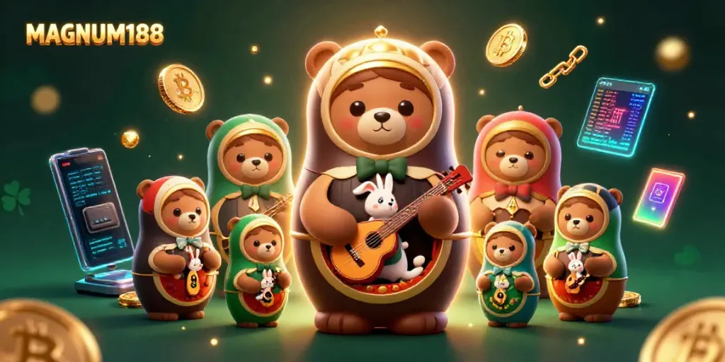 Engage with MAGNUM188's vibrant casino scene featuring playful characters and cryptocurrency elements.