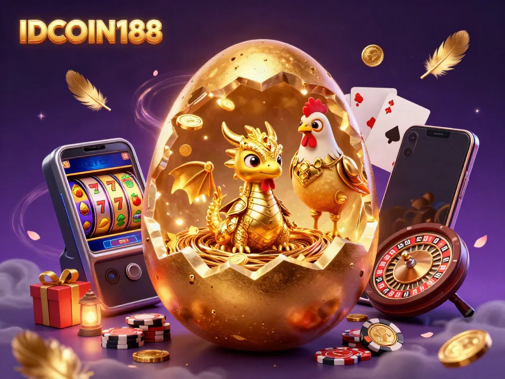 IDCOIN188 features a golden dragon and vibrant casino elements in a dynamic gaming scene.