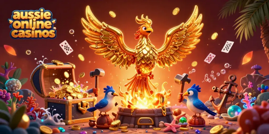 Engage in thrilling adventures at aussie online casinos with a vibrant 3D phoenix scene.