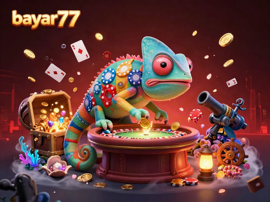 Engaging scene showcasing bayar77 with a vibrant chameleon casino owner, colorful casino elements and dynamic treasures.