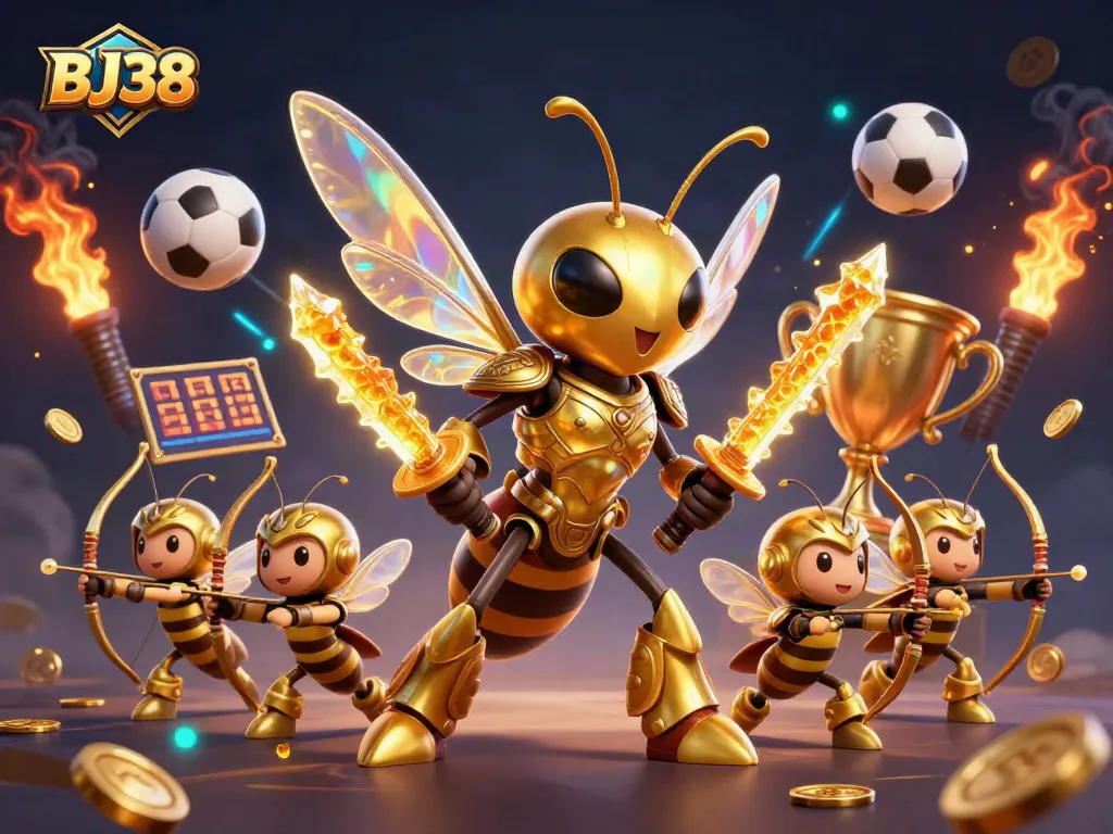 Engaging BJ38 casino scene with a dynamic golden hornet and bee archers showcasing winning strategies in sports betting.