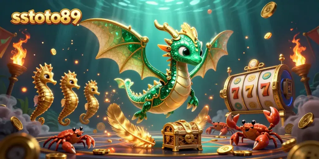 sstoto89 menampilkan ilustrasi kasino fantastis dengan naga laut dan simbol slot berkilau.