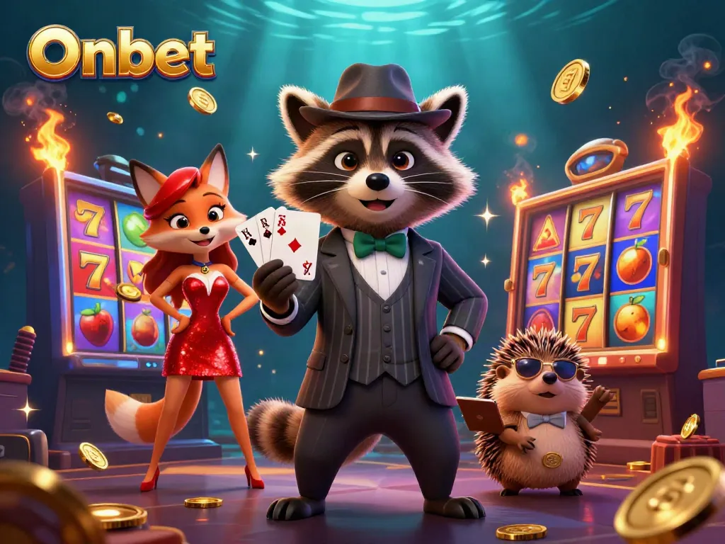 Experience the excitement of Onbet with characters celebrating a royal flush amid vibrant casino elements.