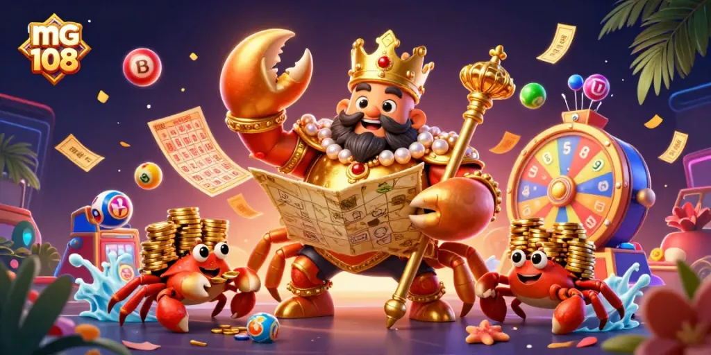 Menggali strategi memenangkan permainan kasino dengan mg 108 pada ilustrasi penuh warna yang menampilkan kepiting emas dan elemen perjudian.