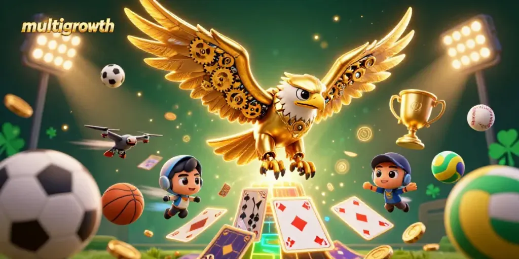 Bet on multigrowth strategies with an illustrated scene of a cybernetic eagle diving through playing cards.