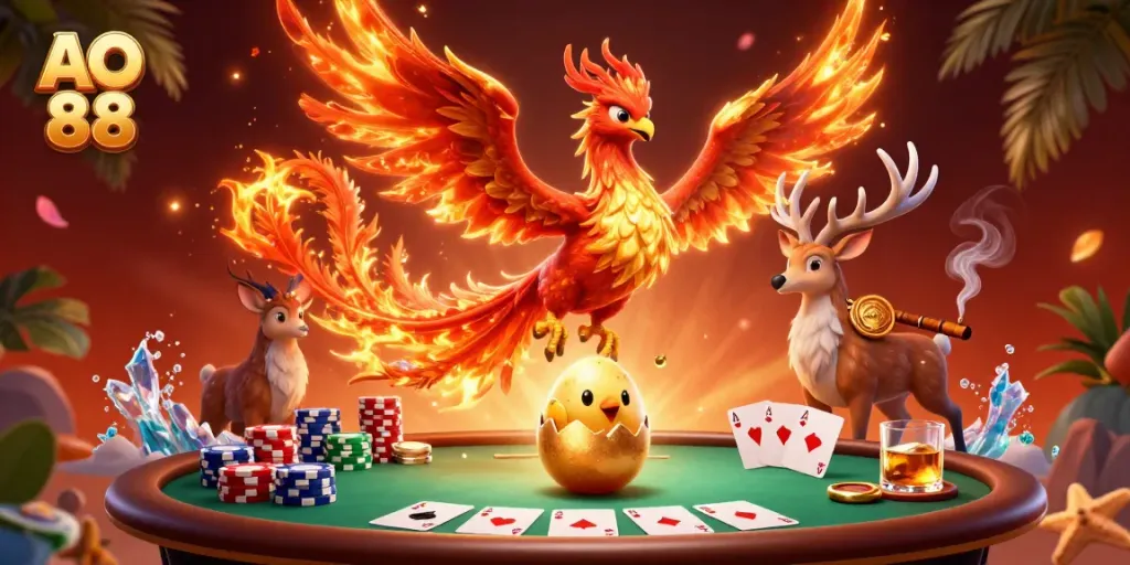 Immerse in the thrilling world of AO 88 with a vibrant 3D illustration featuring dynamic gaming elements and a magical phoenix.