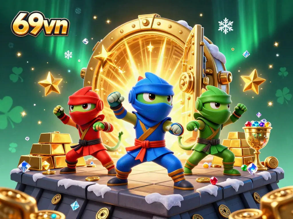 Witness 69vn chameleons performing martial arts in a vibrant casino treasure scene, highlighting gold and gems.