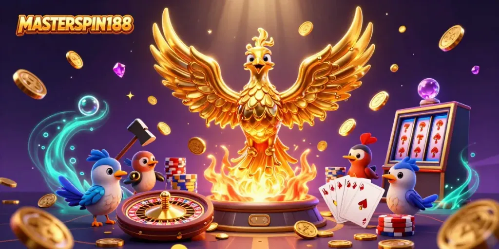 Engage with MASTERSPIN188, featuring a molten phoenix and exhilarating casino elements in a vibrant 3D illustration.