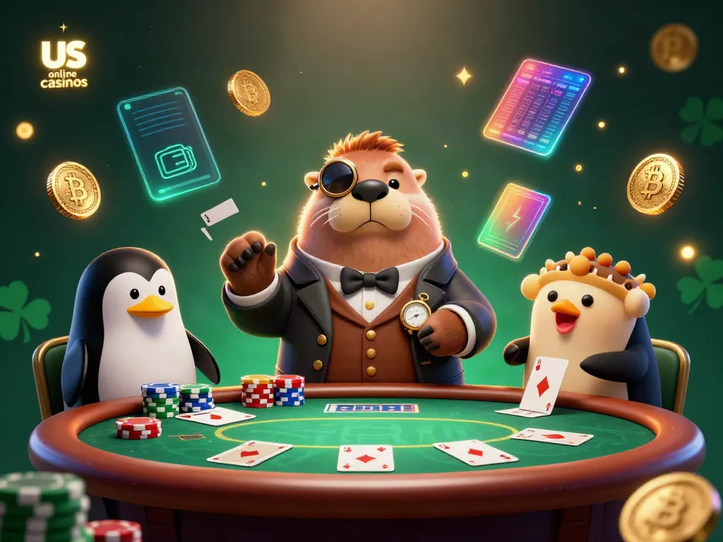 Play poker with us online casinos characters including a walrus, penguin, and pufferfish.