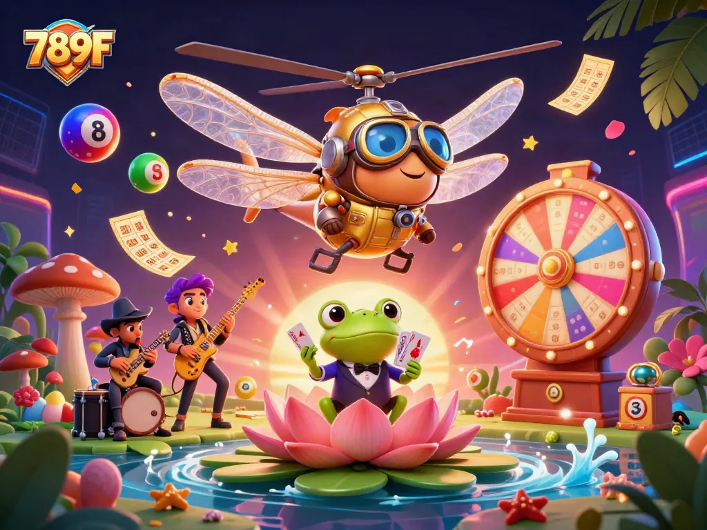 Engage in thrilling casino excitement at 789F with vibrant lottery balls and a lively casino scene.