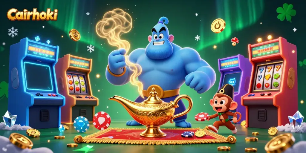Ilustrasi 3D cairhoki dengan lampu jin, kucing Aladdin, dan karpet terbang dalam suasana kasino.