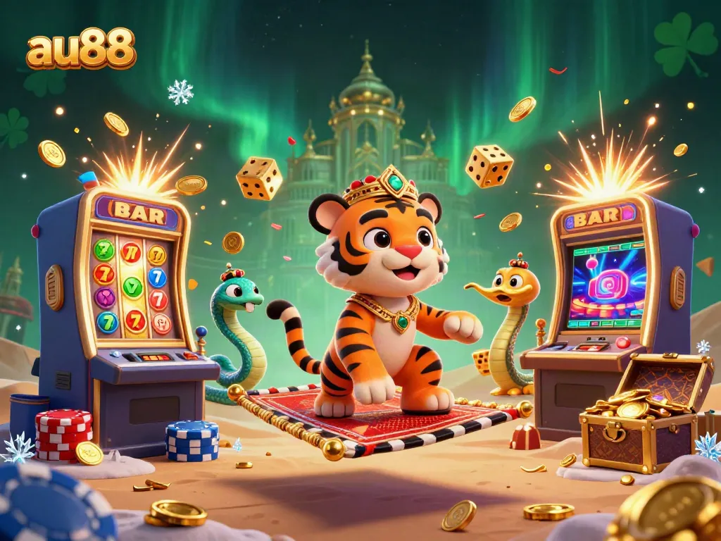 Experience thrilling games at au88 with a vibrant 3D casino illustration showcasing jackpot excitement and lucky symbols.