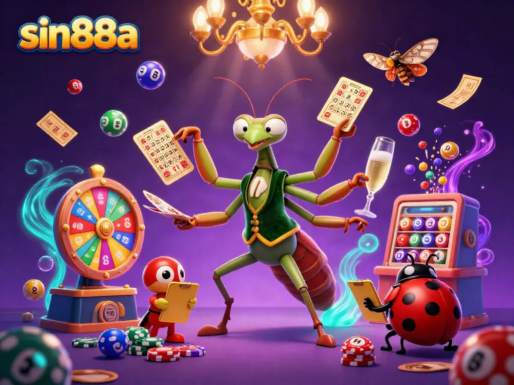 Experience the vibrant action of sin88a with a giant praying mantis card sharp and ladybug pit boss in a dynamic casino scene.