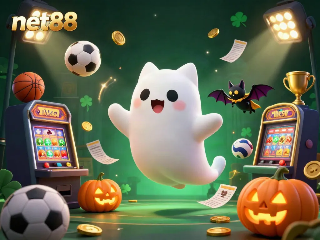 Experience the excitement of net88 with a friendly ghost cat in a dynamic haunted casino scene, surrounded by glowing sports elements.