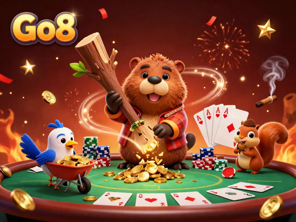 Experience Go8 action with our vibrant casino adventure featuring characters collecting golden coins.