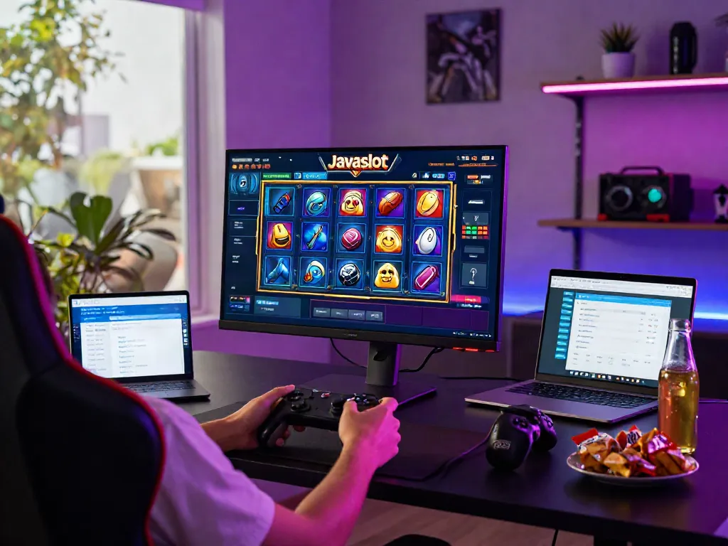 Pemain Javaslot menikmati pengalaman permainan slot online dengan tampilan grafis yang menarik dan suasana gaming yang dinamis.