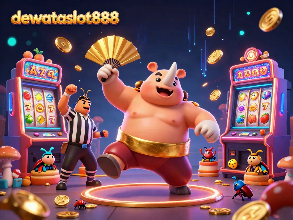 Beberapa karakter kasino di dewataslot888 dengan simbol slot yang berkilauan dan koin emas terbang.