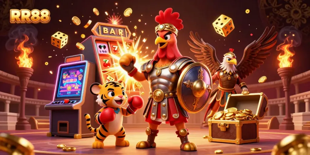 Experience the excitement of RR88 with a vibrant 3D casino scene featuring characters and jackpot elements.