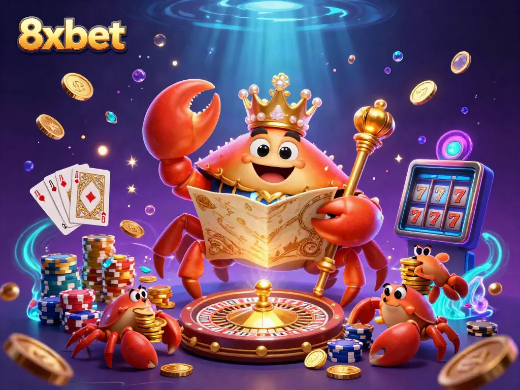 Experience thrilling gameplay with 8xbet's dynamic casino scene featuring a golden crab emperor and vibrant elements.