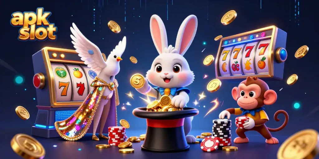 Engage with apk slot games featuring a magician rabbit, a dove, and a monkey in an electrifying casino scene.