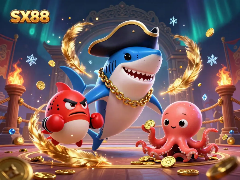 Experience thrilling action with SX88 featuring a pirate shark, pufferfish, and octopus in a dynamic gambling scene.