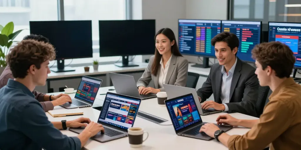 Journalists discussing Casino News in a vibrant digital newsroom.