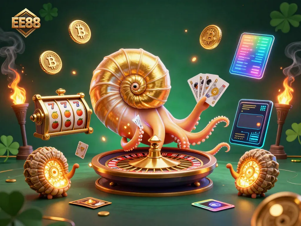 Engage with EE88 in an exciting casino scene featuring a giant nautilus roulette wheel and vibrant game elements.