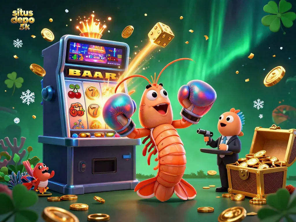 Spin the reels and win big at situs depo 5k with vibrant slot machine action and playful ocean characters.