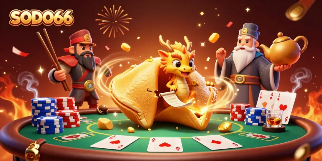 SODO66 engages players with a vibrant casino atmosphere blending fortune cookies, poker chips, and gold.