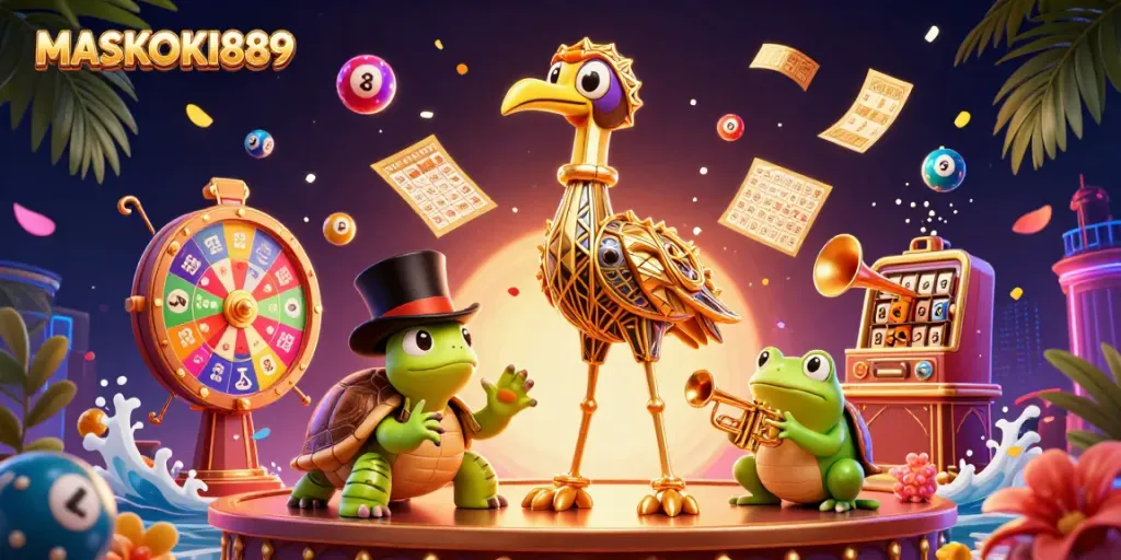 Engage in the vibrant MASKOKI889 gambling experience with colorful lottery elements and whimsical characters.