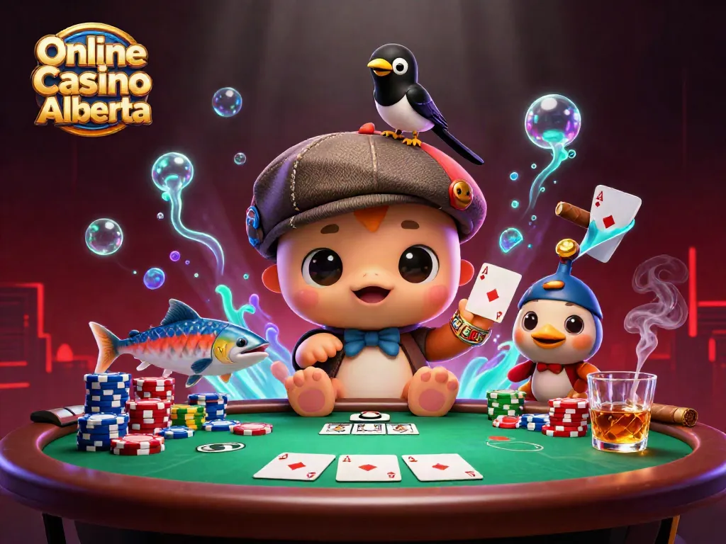 Engage with Online Casino Alberta through playful characters and casino elements in a vibrant scene.