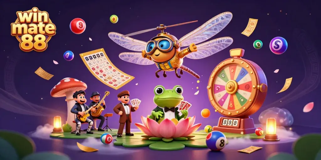 Experience excitement at Win Mate 88 Casino with a colorful dragonfly pilot and frog croupier, showcasing vibrant gambling elements.