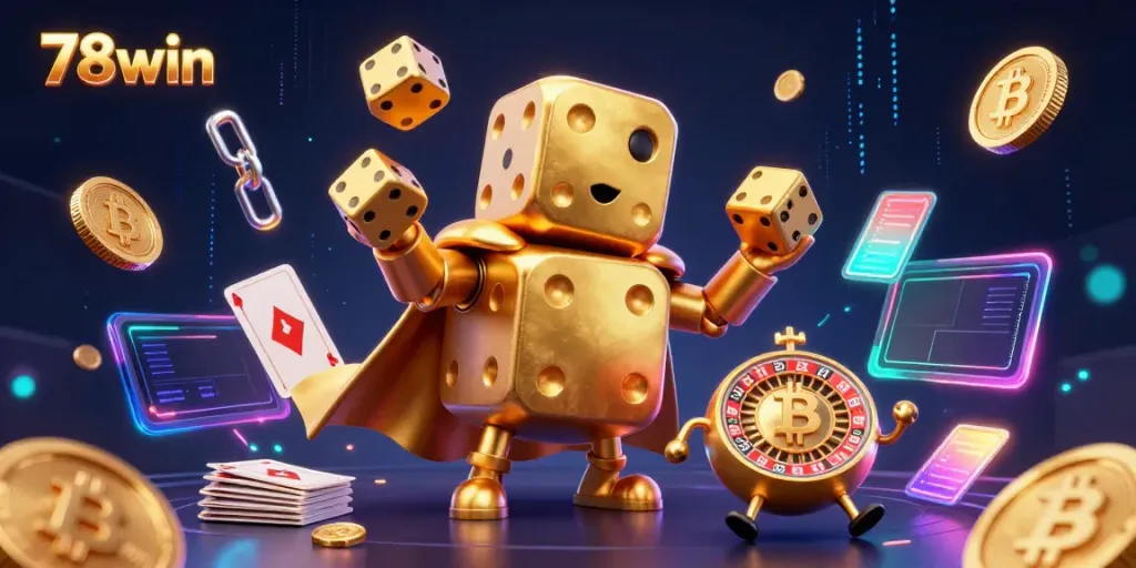 Experience thrilling gameplay at 78win with a dynamic scene featuring vibrant casino elements and crypto coins.