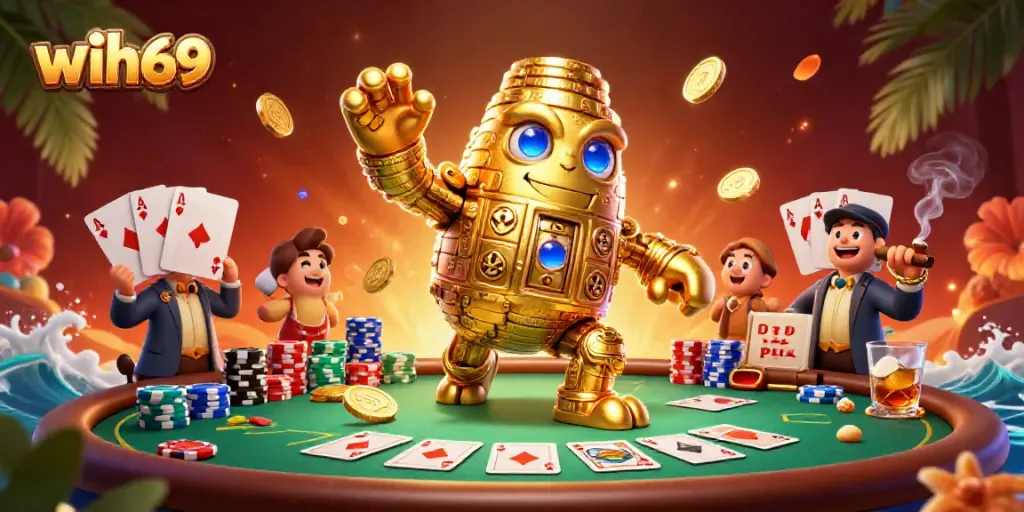 Menangkan permainan di wih69 dengan golem emas yang hidup mengelilingi chip poker.