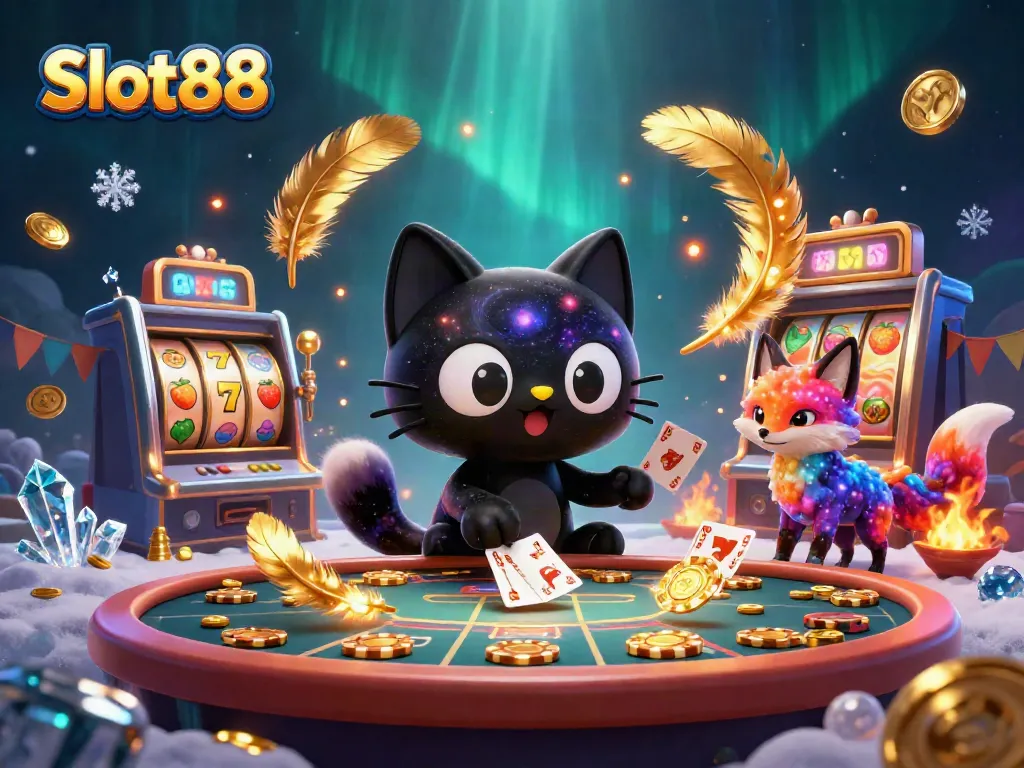 Experience the cosmic thrills of Slot88 with a captivating black hole cat and nebula fox at a vibrant casino table.