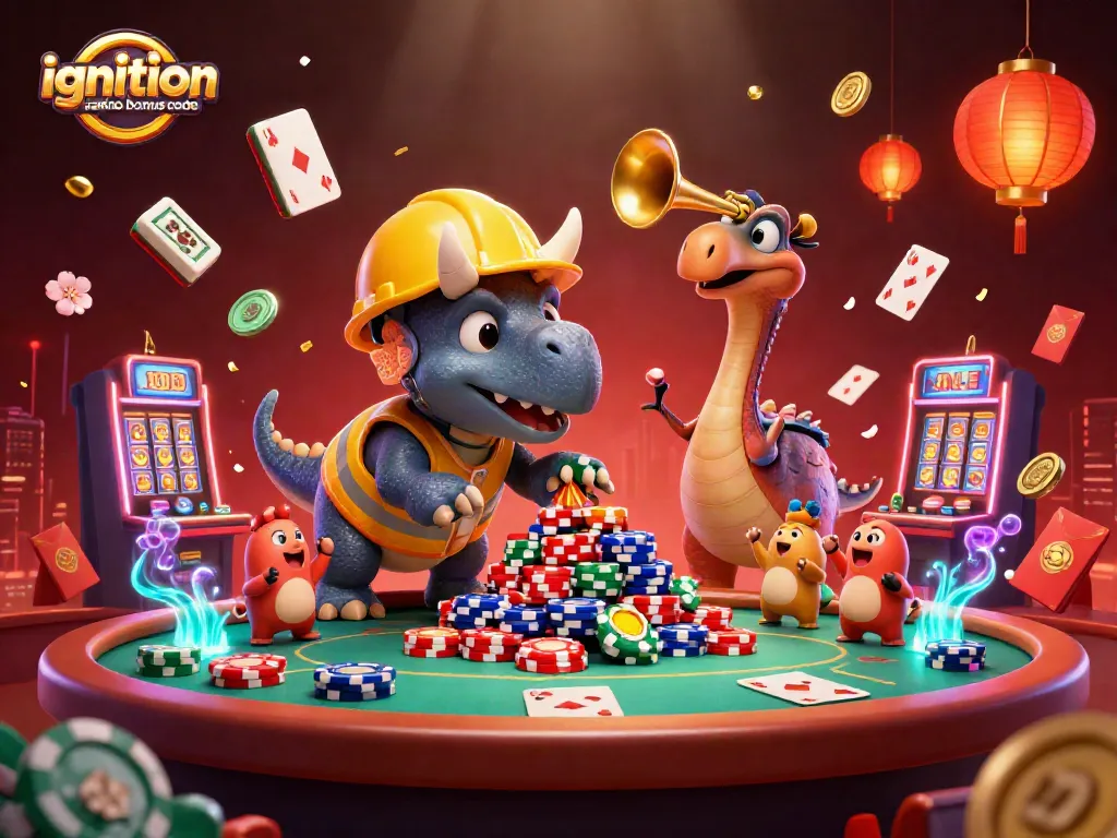 Engage with the ignition casino bonus code while enjoying dynamic casino scenes featuring triceratops and vibrant gaming elements.