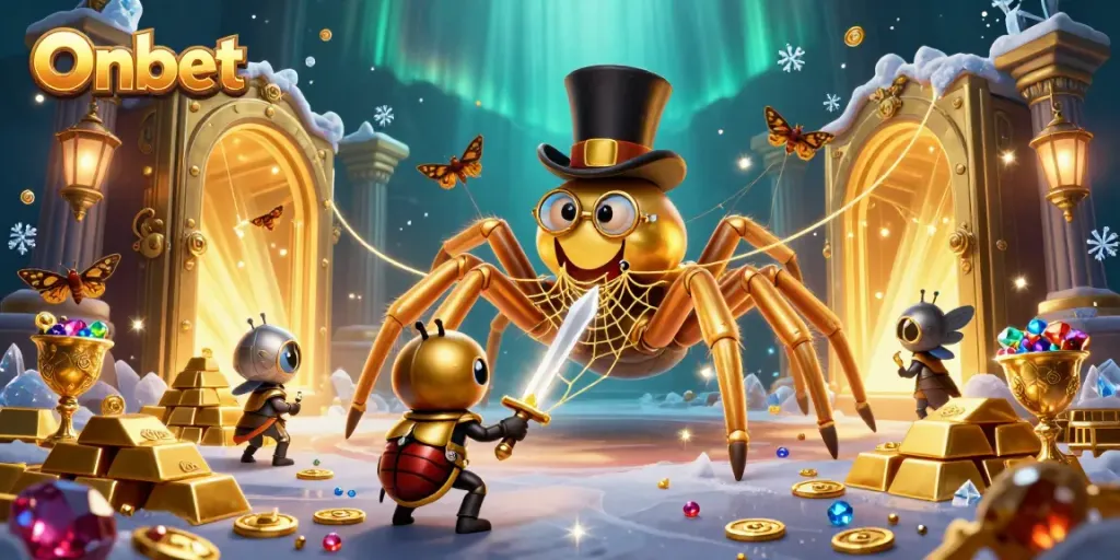 Experience thrilling gaming action at Onbet with a lively scene featuring a golden tarantula amid treasures.