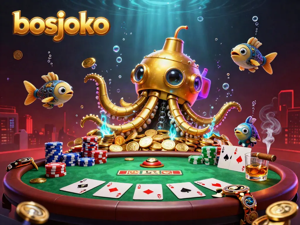 Experience the excitement of bosjoko with a golden kraken submarine diving into a sea of coins and vibrant poker elements.