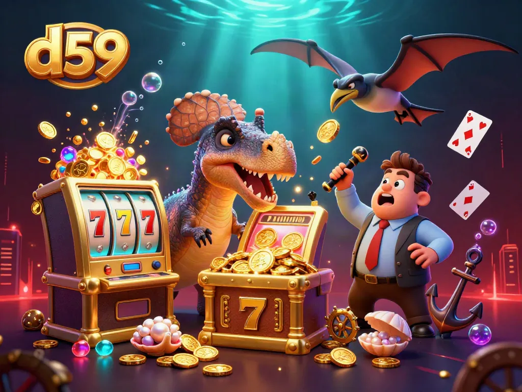 The d59 casino scene shows a pachycephalosaurus hitting a slot machine while coins fly around, emphasizing luck and excitement in gameplay.