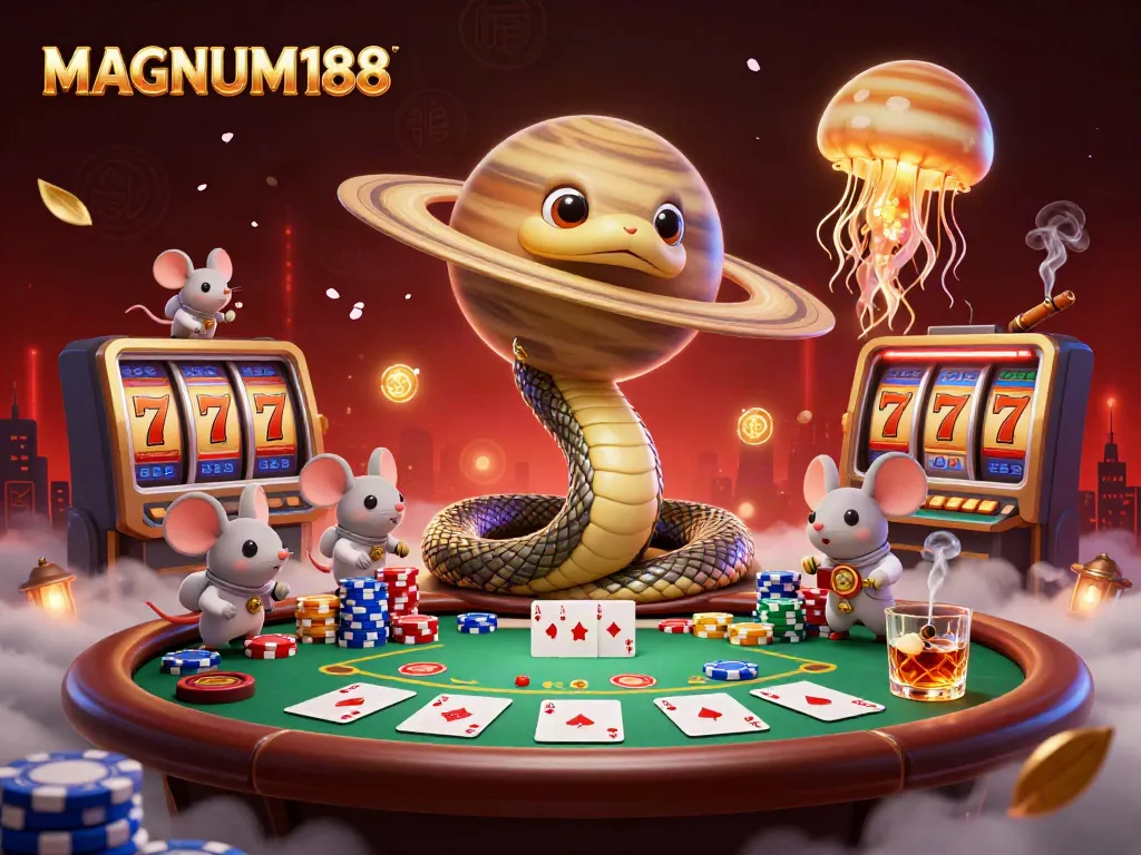 Experience cosmic gaming action with MAGNUM188 featuring 3D characters and vibrant slot elements.