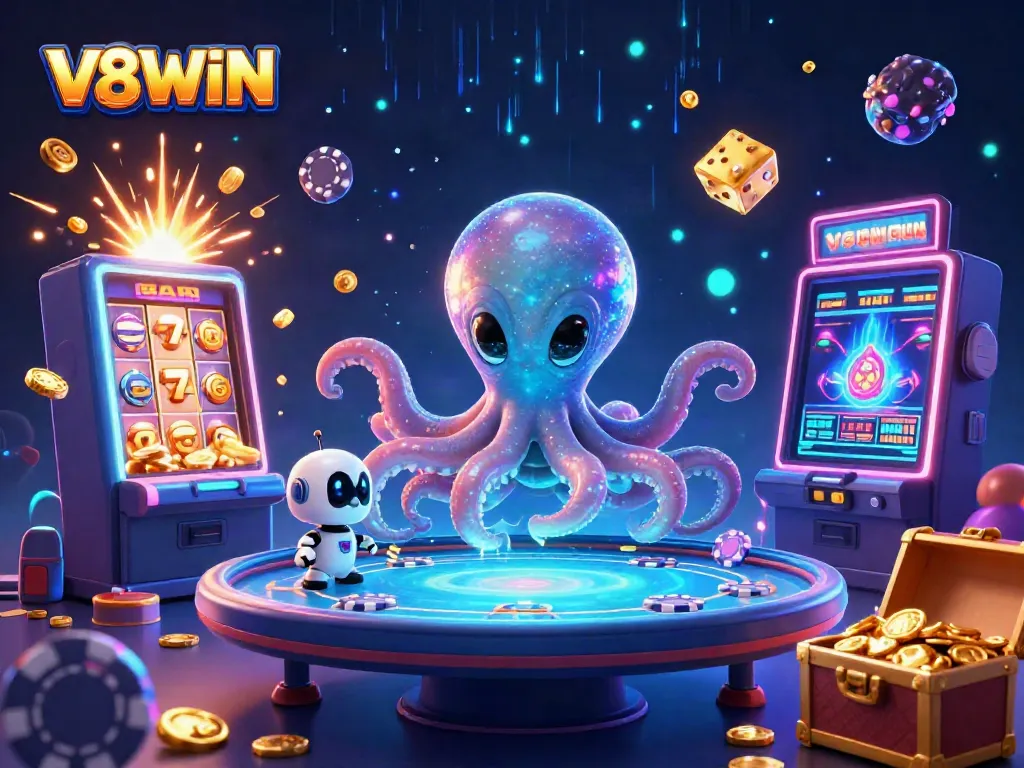 Engaging 3D scene of V8WIN casino action with an alien octopus at a poker table.