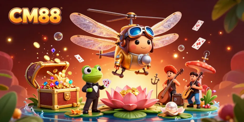 Experience the thrill of CM88 with a dynamic casino scene featuring a dragonfly pilot and frog croupier.
