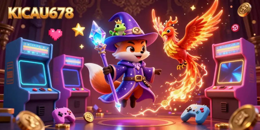 KICAU678 gaming scene with a wizard fox, phoenix, and an enchanted frog amidst arcade machines and casino elements.