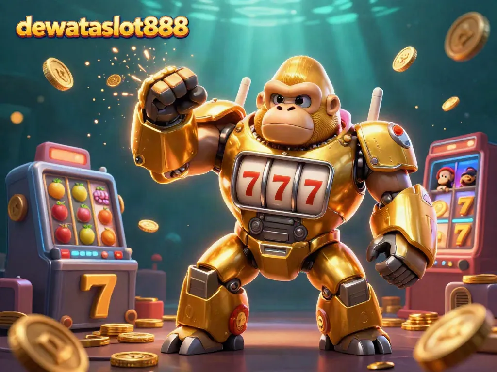 Menangkan permainan kartu dengan dewataslot888 dalam ilustrasi 3D yang menakjubkan dengan gorila emas dan mesin slot.