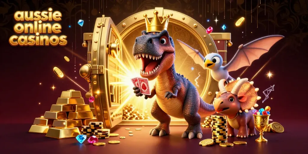 Experience the excitement of aussie online casinos with vibrant characters and treasures in a dynamic casino scene.