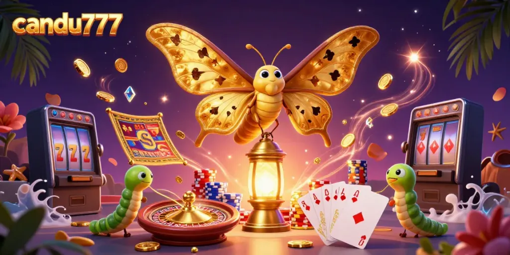 Memenangkan jackpot di CANDU777, dengan ilustrasi slot dan simbol keberuntungan yang menyerupai kupu-kupu.