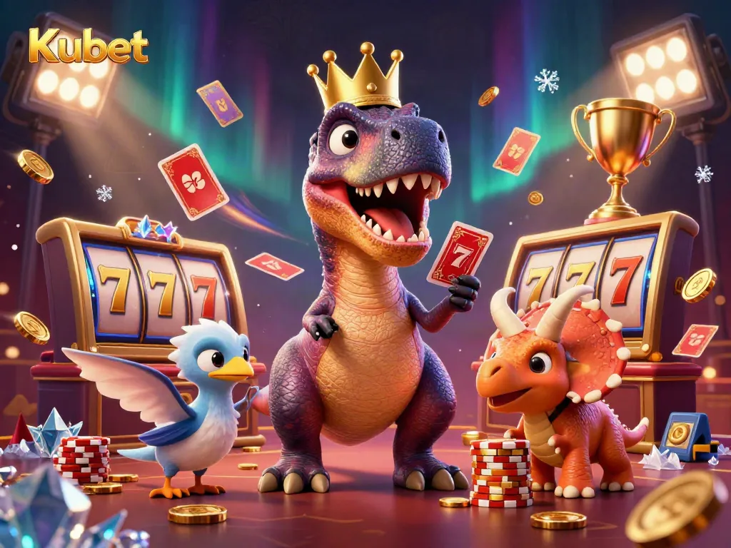 Kubet brings excitement to players with a vibrant 3D illustration featuring a friendly T-Rex and casino elements.