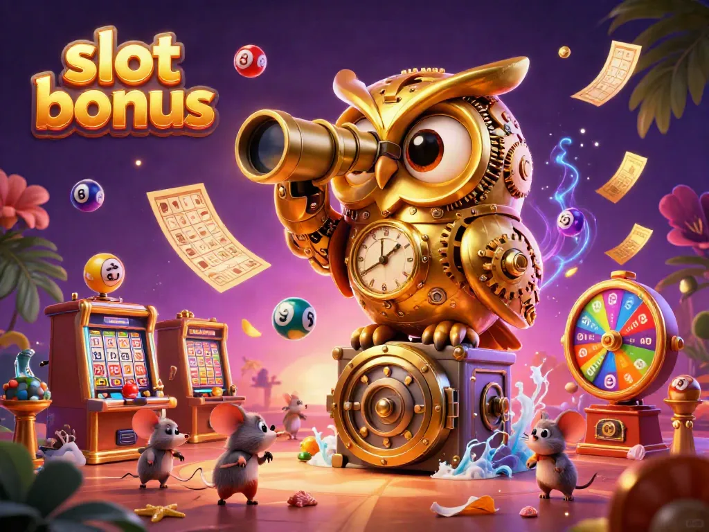 Engage in exciting slot bonus gameplay with vibrant visuals of a dynamic casino scene featuring a golden owl, lively mice, and colorful elements.