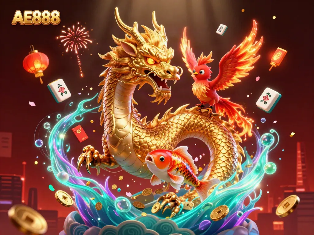 Bet on AE888 in a dynamic setting with a dragon, phoenix, and koi fish amidst gold coins.